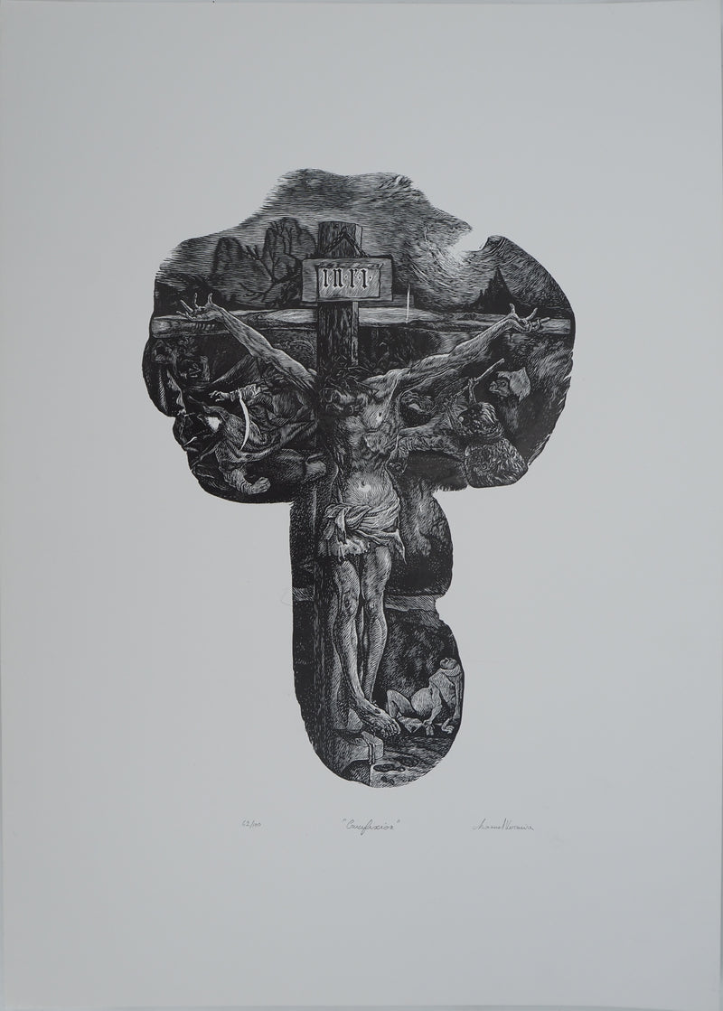 Manuel VERMEIRE : Crucifixion, Gravure sur bois originale (vue générale) - Crédit photo : Galerie Art.Paris