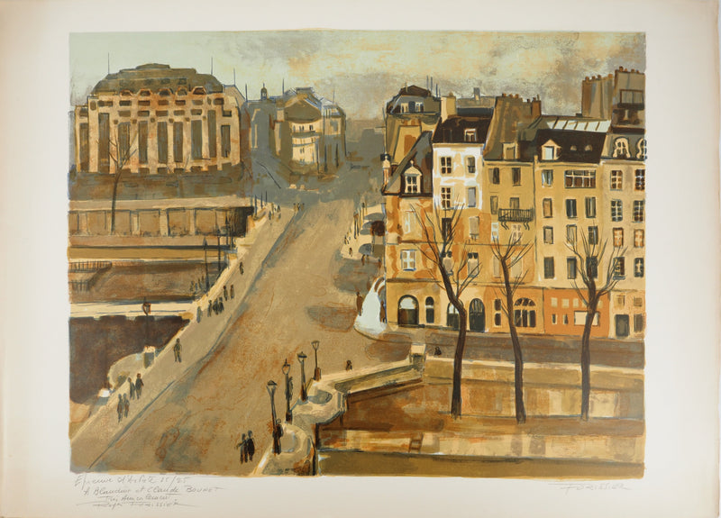 Roger FORISSIER : Paris : La Samaritaine et le Pont-Neuf, Lithographie originale (vue générale) - Crédit photo : Galerie Art.Paris