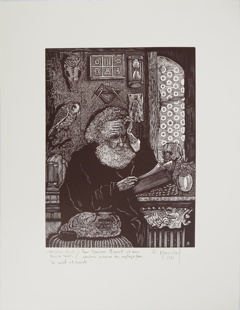 François MARECHAL : Le vieil alchimiste, Gravure sur bois originale (vue générale) - Crédit photo : Galerie Art.Paris
