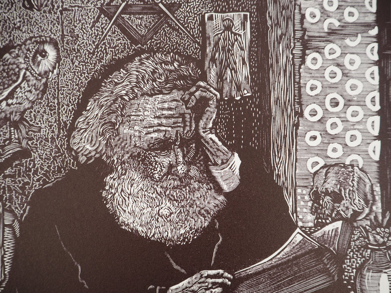 François MARECHAL : Le vieil alchimiste, Gravure sur bois originale (photo de détail 3) - Crédit photo : Galerie Art.Paris