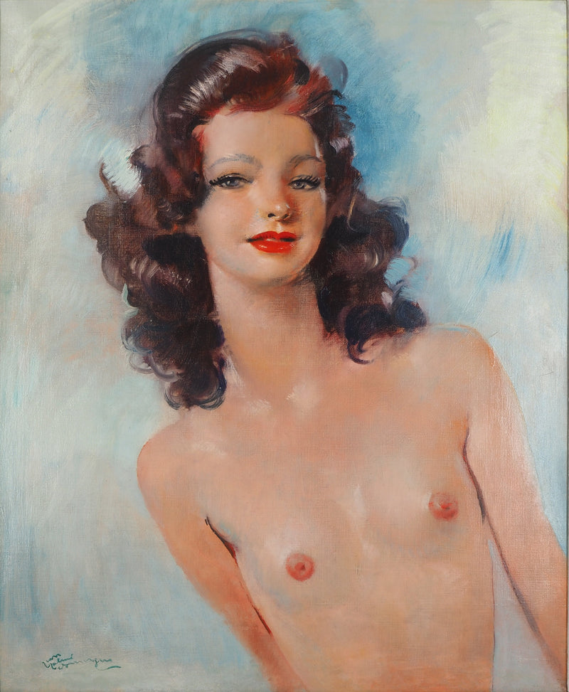 Jean-Gabriel DOMERGUE: Brunette with blouse and black ribbon, Signed pastel drawing