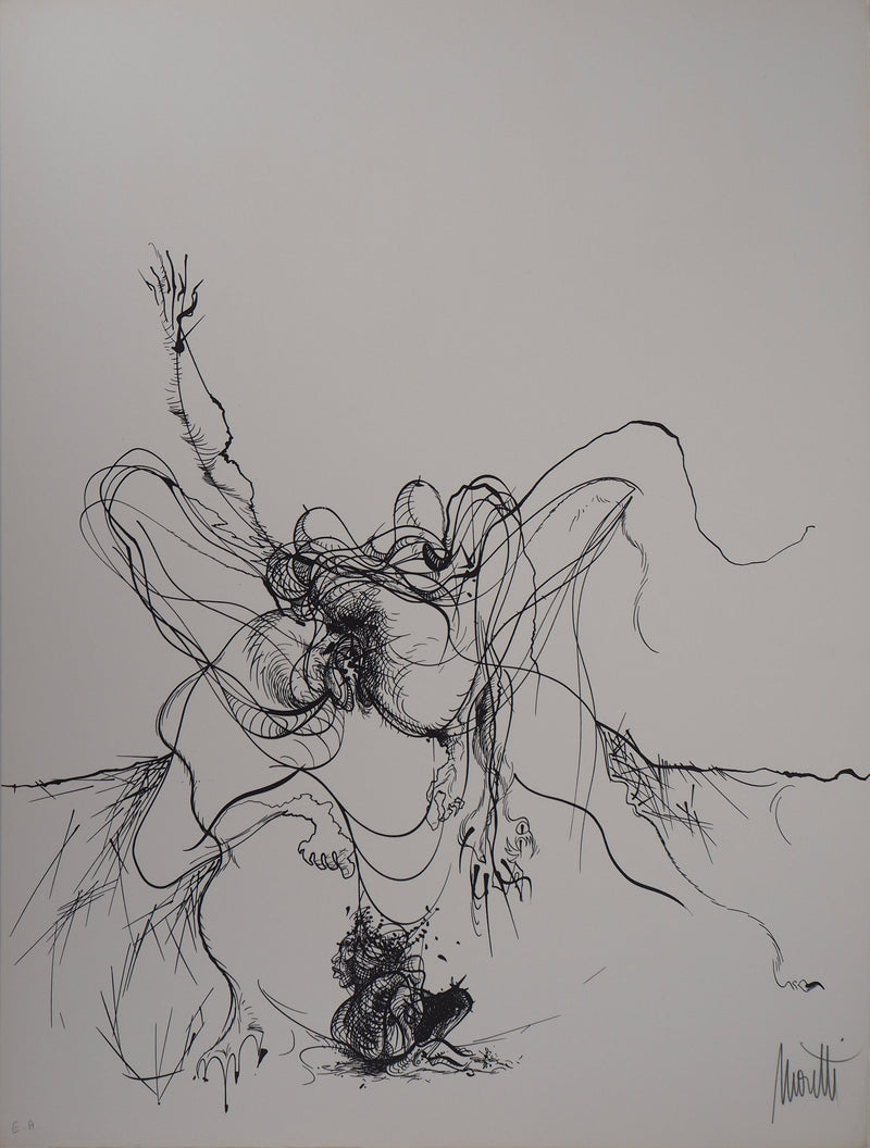 Raymond MORETTI : La chute, Lithographie originale (vue générale) - Crédit photo : Galerie Art.Paris