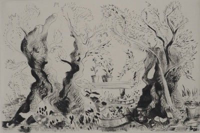 Madeleine MELSONN : Oliviers du Jardin de Gethsémani, Gravure originale (vue générale) - Crédit photo : Galerie Art.Paris