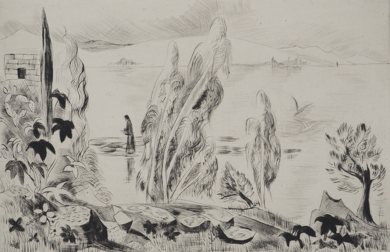 Madeleine MELSONN : Lac de Tibériade vers Capharnaüm, Gravure originale (vue générale) - Crédit photo : Galerie Art.Paris