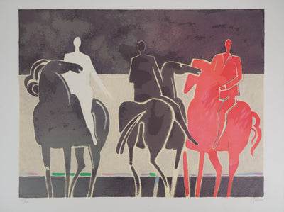 Albert ZAVARO : Cavaliers : le rouge et le noir, Lithographie originale (vue générale) - Crédit photo : Galerie Art.Paris