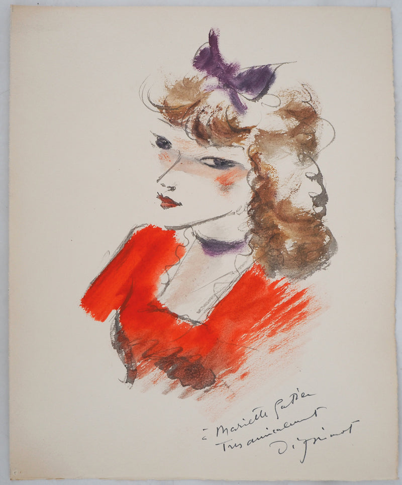 André DIGNIMONT : Jeune femme au nœud mauve, Aquarelle signée