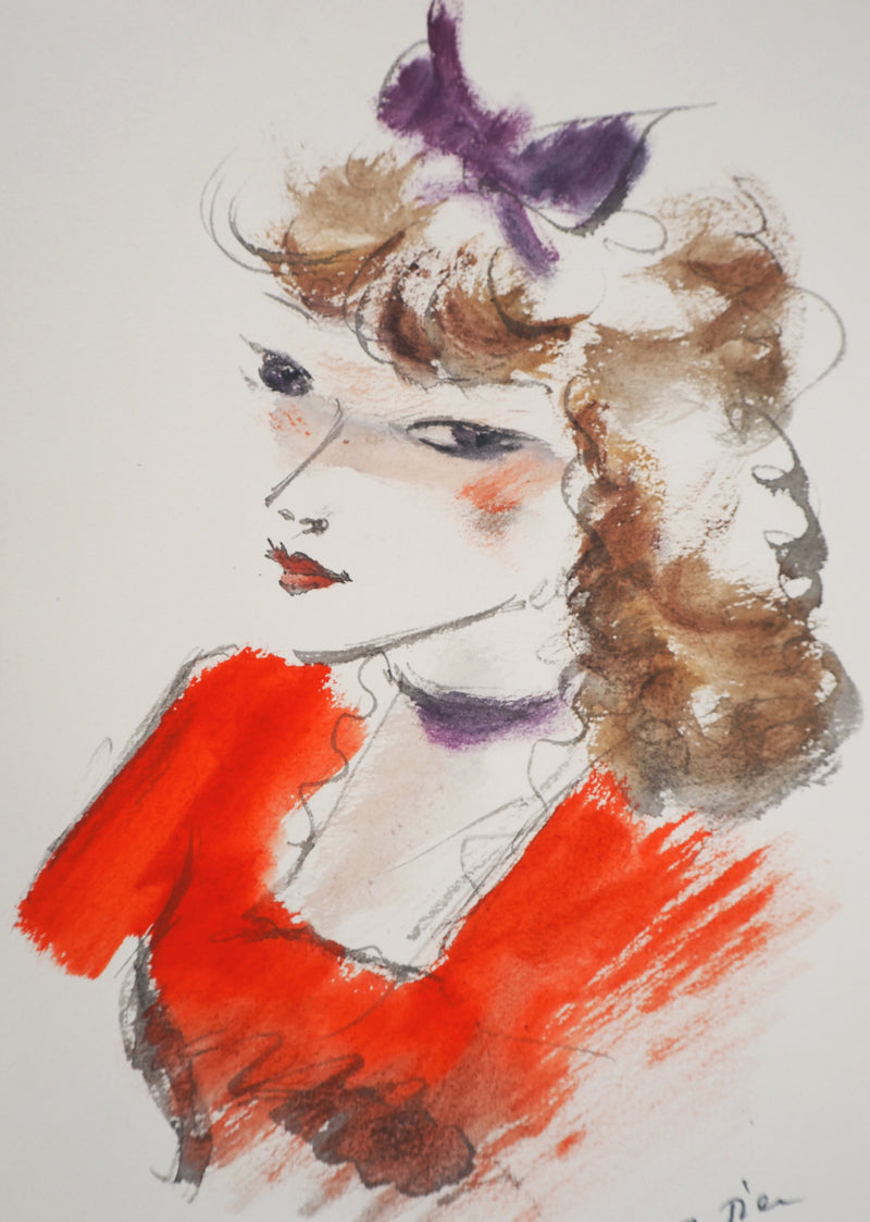 André DIGNIMONT : Jeune femme au nœud mauve, Aquarelle signée