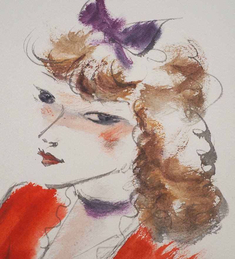 André DIGNIMONT : Jeune femme au nœud mauve, Aquarelle signée