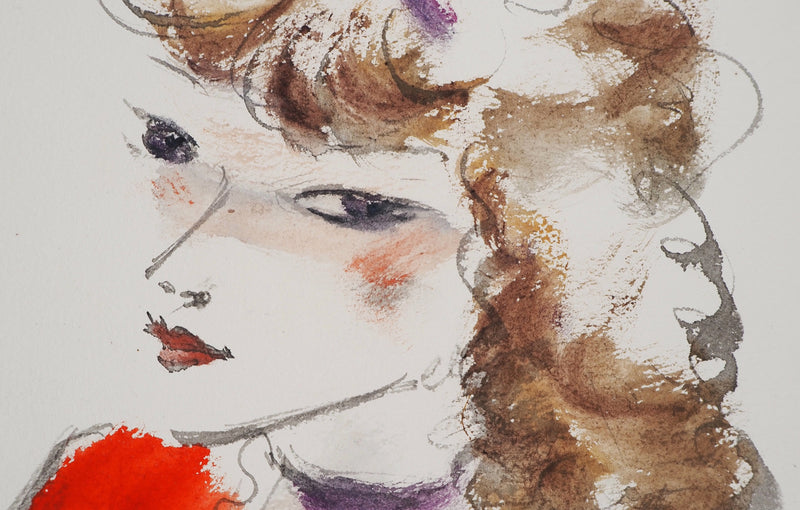 André DIGNIMONT : Jeune femme au nœud mauve, Aquarelle signée