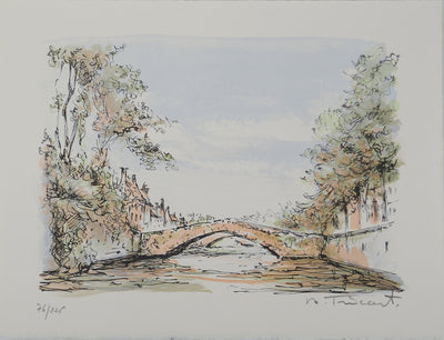 Daniel TRICART : Paysage au pont, Lithographie originale (vue générale) - Crédit photo : Galerie Art.Paris