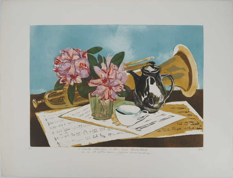 Jeannine HERVE : Nature morte et trompette, Gravure originale (photo de détail 13) - Crédit photo : Galerie Art.Paris