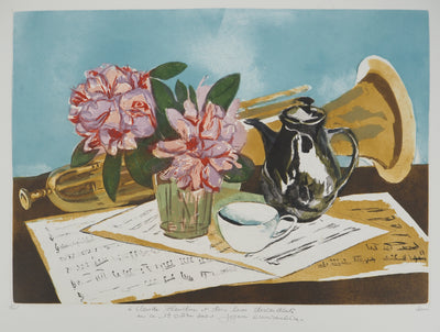 Jeannine HERVE : Nature morte et trompette, Gravure originale (vue générale) - Crédit photo : Galerie Art.Paris