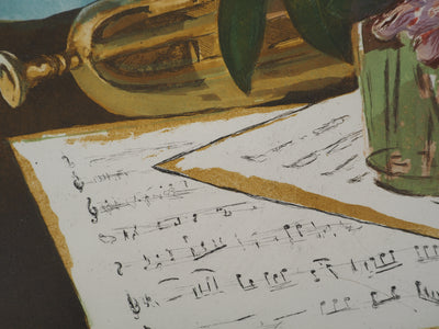Jeannine HERVE : Nature morte et trompette, Gravure originale (photo de détail 4) - Crédit photo : Galerie Art.Paris