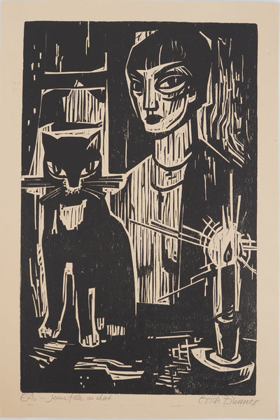Erich ZIMMER : Jeune fille au chat, Gravure sur bois originale (vue générale) - Crédit photo : Galerie Art.Paris