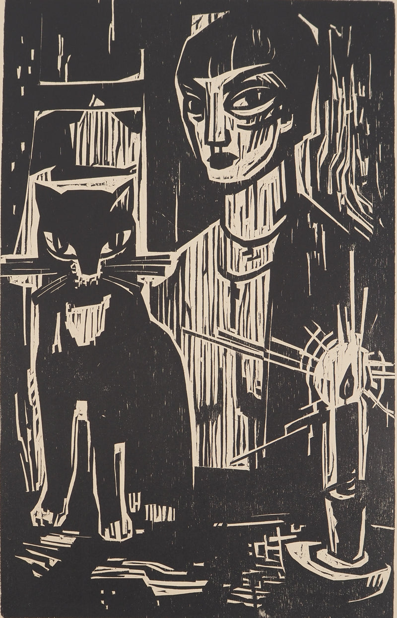 Erich ZIMMER : Jeune fille au chat, Gravure sur bois originale (photo de détail 2) - Crédit photo : Galerie Art.Paris