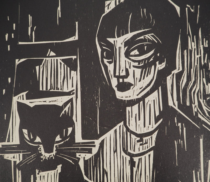 Erich ZIMMER : Jeune fille au chat, Gravure sur bois originale (photo de détail 3) - Crédit photo : Galerie Art.Paris