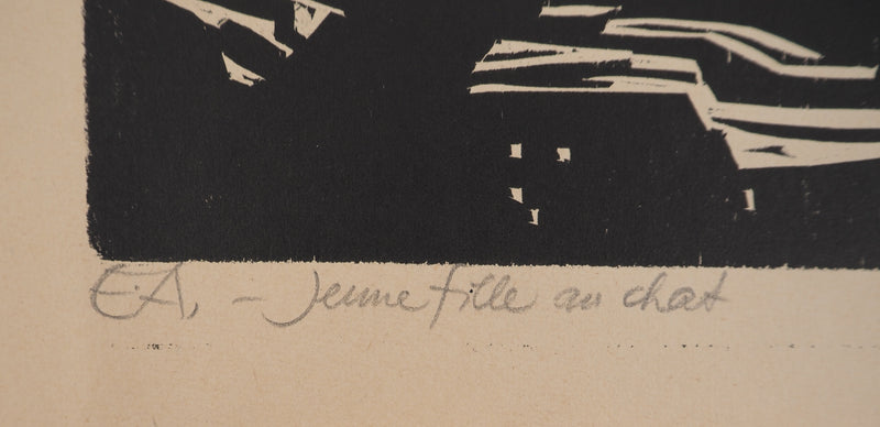 Erich ZIMMER : Jeune fille au chat, Gravure sur bois originale (photo de détail 5) - Crédit photo : Galerie Art.Paris