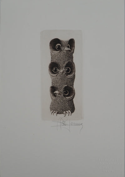 Alain JEANNE : Les trois chouettes, Gravure originale (vue générale) - Crédit photo : Galerie Art.Paris