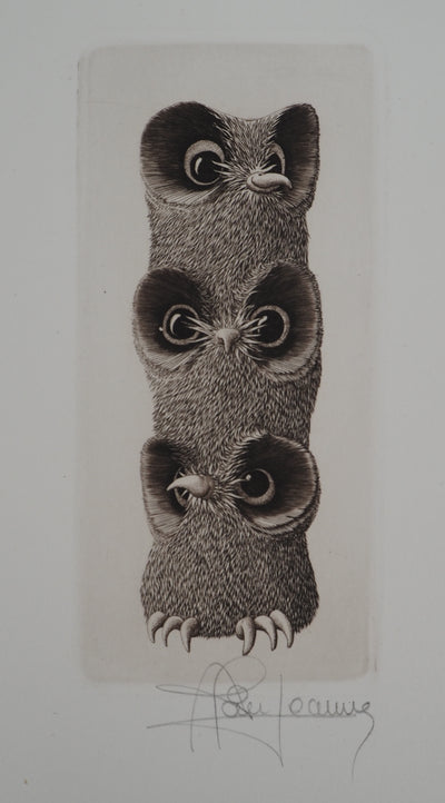 Alain JEANNE : Les trois chouettes, Gravure originale (photo de détail 2) - Crédit photo : Galerie Art.Paris