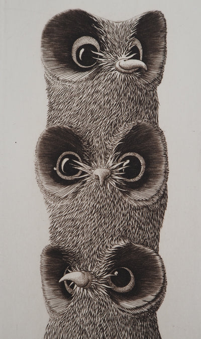 Alain JEANNE : Les trois chouettes, Gravure originale (photo de détail 3) - Crédit photo : Galerie Art.Paris