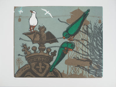 Sylvain SALOMOVITZ : Barcelone et ses oiseaux, Gravure sur bois originale (vue générale) - Crédit photo : Galerie Art.Paris