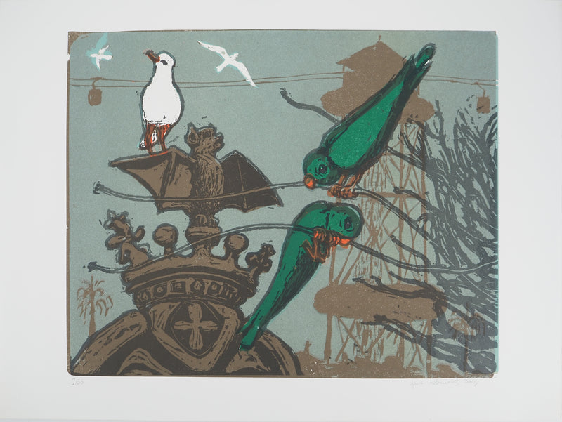 Sylvain SALOMOVITZ : Barcelone et ses oiseaux, Gravure sur bois originale (vue générale) - Crédit photo : Galerie Art.Paris