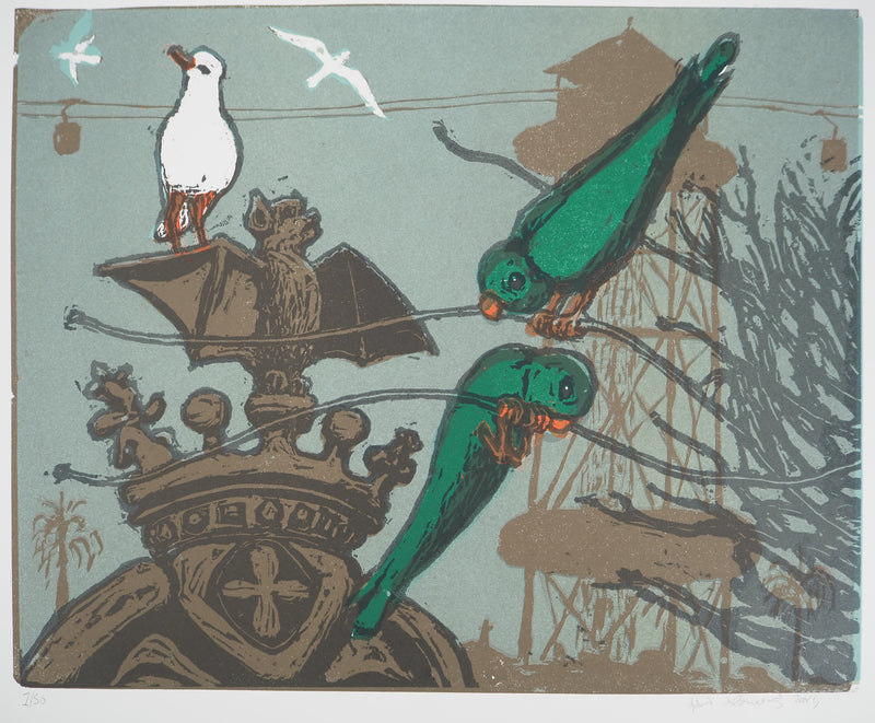 Sylvain SALOMOVITZ : Barcelone et ses oiseaux, Gravure sur bois originale (photo de détail 2) - Crédit photo : Galerie Art.Paris