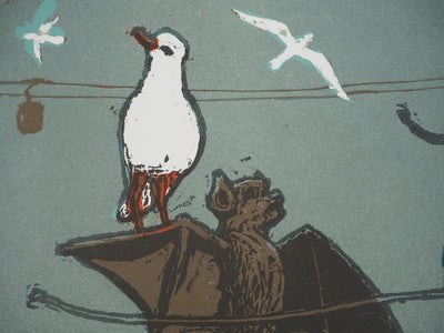 Sylvain SALOMOVITZ : Barcelone et ses oiseaux, Gravure sur bois originale (photo de détail 3) - Crédit photo : Galerie Art.Paris