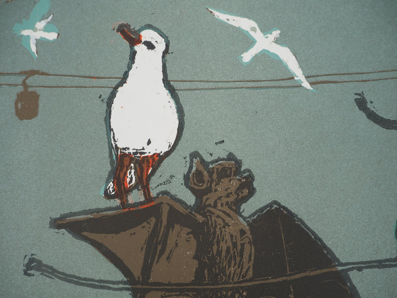 Sylvain SALOMOVITZ : Barcelone et ses oiseaux, Gravure sur bois originale (photo de détail 3) - Crédit photo : Galerie Art.Paris