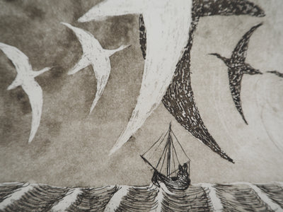 Lars BO : Oiseaux et bateau en mer, Gravure originale (photo de détail 4) - Crédit photo : Galerie Art.Paris