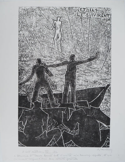 Monique LAVALLEE : Saint Mathieu, Gravure sur bois originale (vue générale) - Crédit photo : Galerie Art.Paris