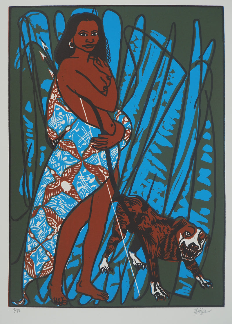 Jean-Yves BOISLEVE : Femme et chien enragé, Gravure sur bois originale (vue générale) - Crédit photo : Galerie Art.Paris