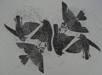 Agathe MAY : L'envol des oiseaux, Gravure sur bois originale (vue générale) - Crédit photo : Galerie Art.Paris
