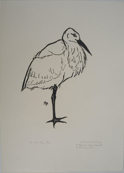 Roland BRUDIEUX : Cigogne, Gravure sur bois originale (vue générale) - Crédit photo : Galerie Art.Paris