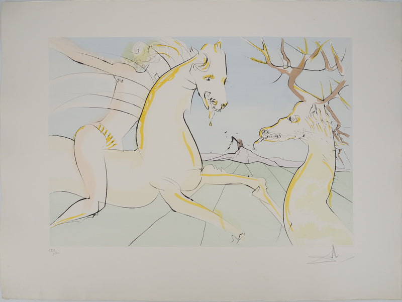 Salvador DALI : Le Bestiaire de La Fontaine, Le cavalier et le cerf, Gravure originale signée