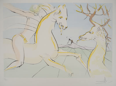 Salvador DALI : Le Bestiaire de La Fontaine, Le cavalier et le cerf, Gravure originale signée