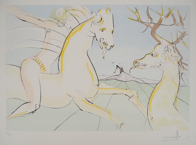 Salvador DALI : Le Bestiaire de La Fontaine, Le cavalier et le cerf, Gravure originale signée