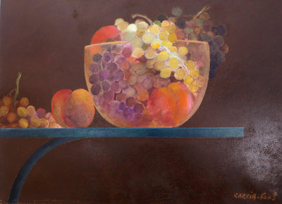 Pierre GARCIA-FONS : Fruits et miroir, Huile sur toile signée