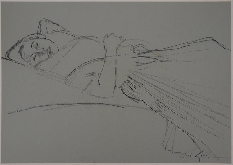 René GENIS : Jeune femme se reposant, Dessin original signé
