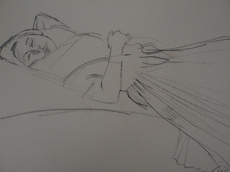 René GENIS : Jeune femme se reposant, Dessin original signé