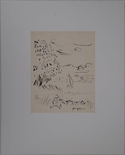 René GENIS : La voile sur le lac, Dessin original signé