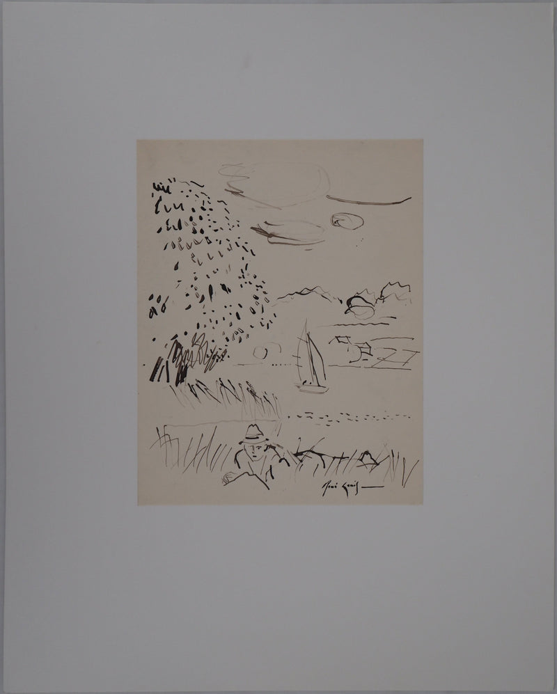 René GENIS : La voile sur le lac, Dessin original signé