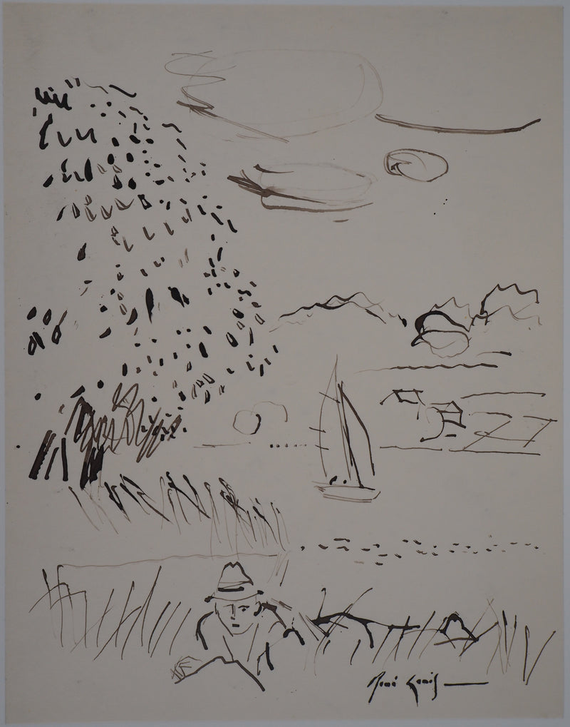 René GENIS : La voile sur le lac, Dessin original signé