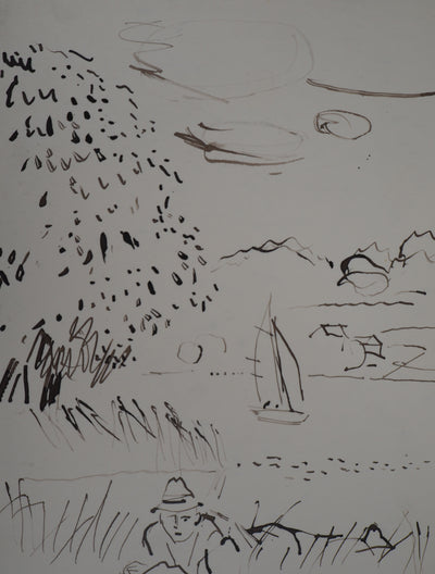 René GENIS : La voile sur le lac, Dessin original signé