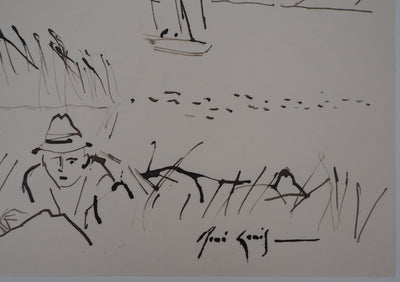 René GENIS : La voile sur le lac, Dessin original signé