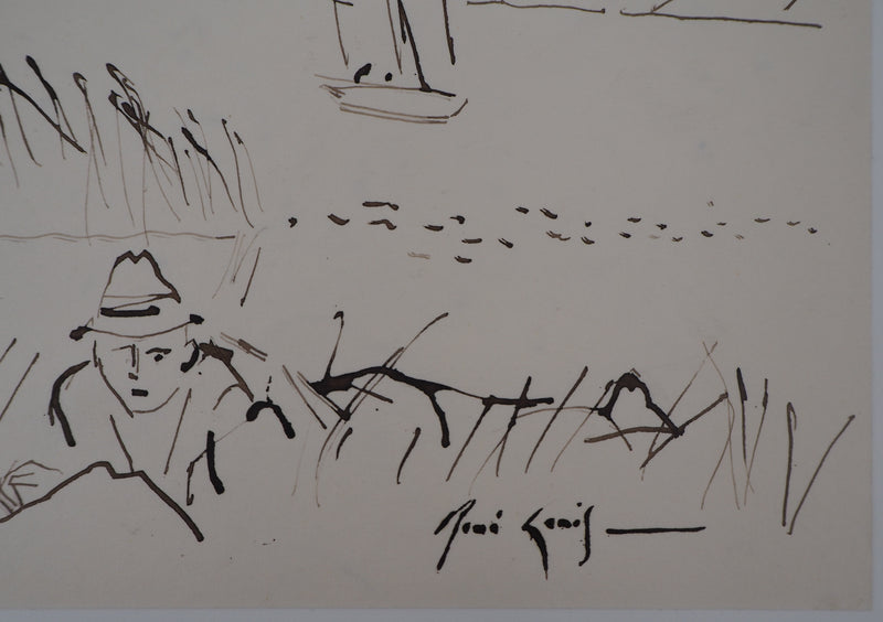 René GENIS : La voile sur le lac, Dessin original signé