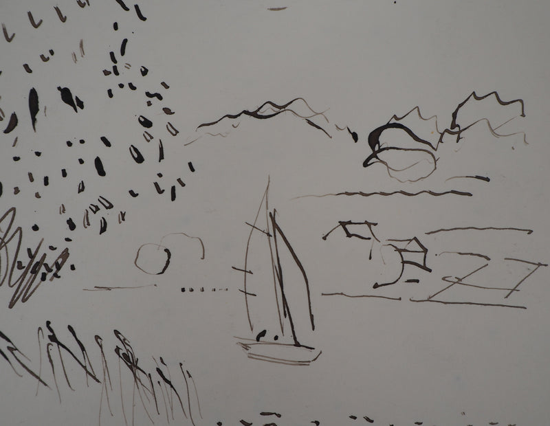 René GENIS : La voile sur le lac, Dessin original signé