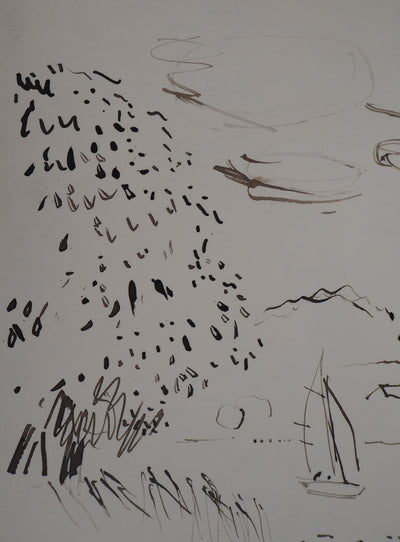 René GENIS : La voile sur le lac, Dessin original signé