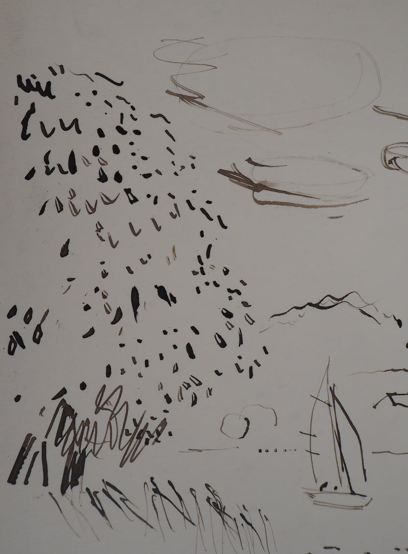 René GENIS : La voile sur le lac, Dessin original signé