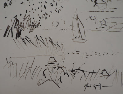 René GENIS : La voile sur le lac, Dessin original signé